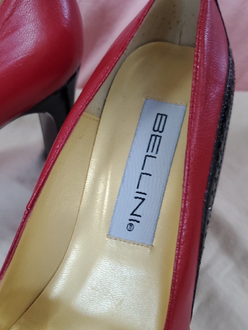 Bellini Red and Black Pointed Toe Pumps with Stud Trim - Picture 3 of 9